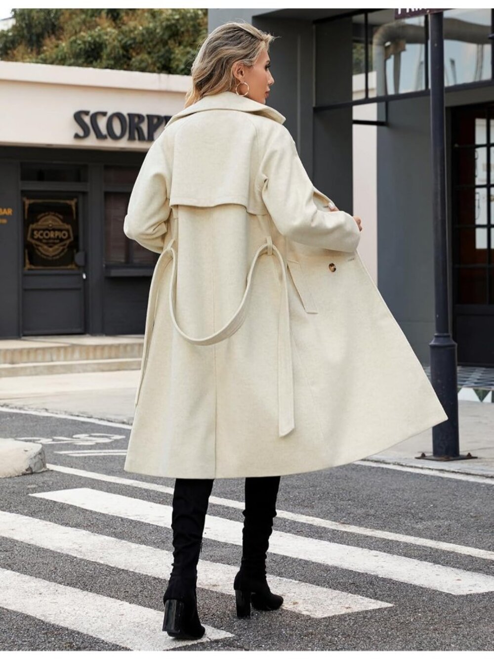 Women's Beige Polyester Mid length Autumn Elegant Double Breasted Long Pea Coat - Picture 3 of 6